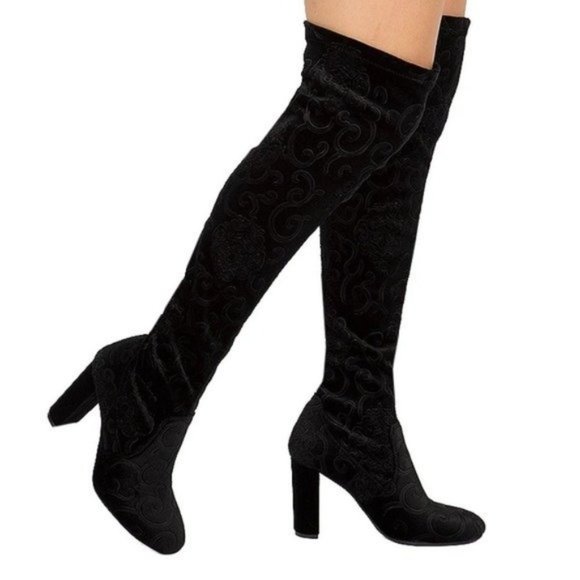 5.5/6/6.5/7 Black embroidered over the knee boots chunky block heel velvet - Picture 2 of 8